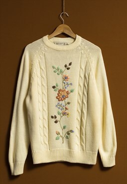Vintage Cream White Knitted Embroidered Women Sweater 5665