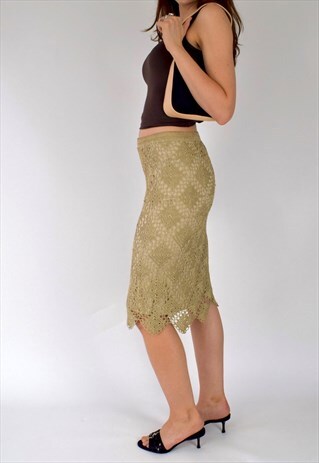 VINTAGE 90S Y2K GOLD KNITTED CROCHET MIDI SKIRT