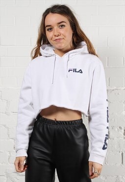 Vintage Fila Hoodie in White with Spell Out Logo Large