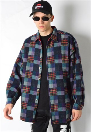 VINTAGE 90S BLUE CHECK WOOL BLEND LONG SLEEVE SHIRT