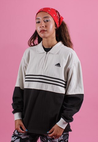 ADIDAS CREAM AND BLACK EMBROIDERED 1/4 POLO TOP