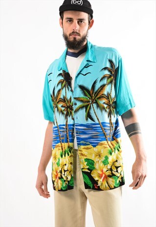 VINTAGE BLUE HAWAIIAN SHIRT.