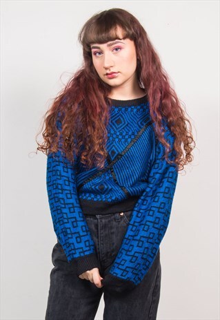 VINTAGE 90'S DARK BLUE PATTERNED KNIT CROPPED JUMPER