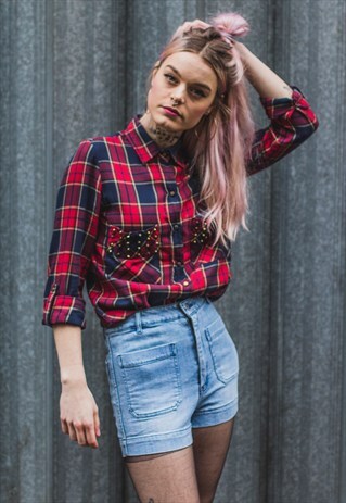 RED & NAVY CHECKED SHIRT WITH FUNKY STUDS