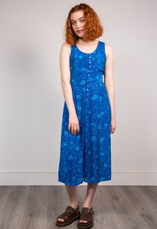 90'S VINTAGE BLUE FLORAL PATTERN OVERLAY MIDI DRESS