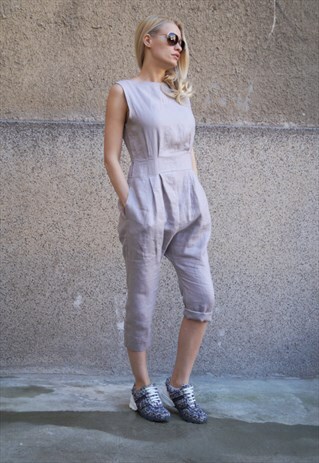 LINEN JUMPSUIT/BODYSUIT/BEIGE DROP CROTCH/OPEN BACK/F1676