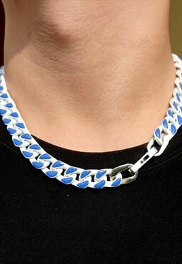 13mm White / Blue Cuban Necklace Chain Steel