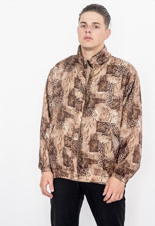 90S VINTAGE BROWN AND BEIGE PRINT BOMBER JACKET