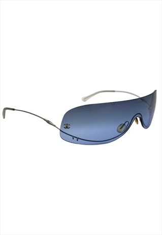 Chanel Sunglasses Rimless Shield Visor Blue Pearl Silver CC 