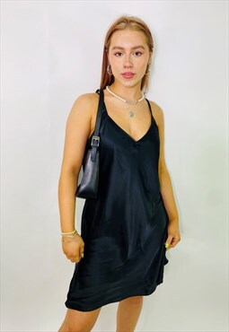 Vintage 00s Y2K Black Satin Summer Slip Dress