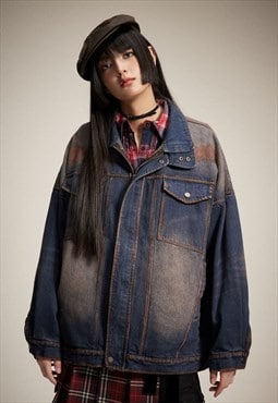 Vintage wash denim jacket utility jean bomber in acid blue