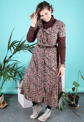 VINTAGE SUMMER MIDI DRESS BLACK PINK FLORAL PATTERN