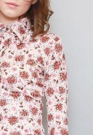 VINTAGE 1970'S RED & PINK FLORAL PRINT FITTED SHIRT