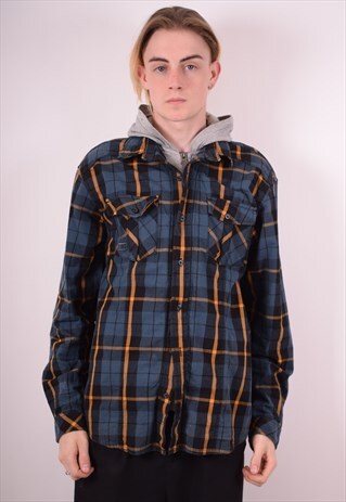 MENS VINTAGE HOODED SHIRT LARGE BLUE CHECK 90S
