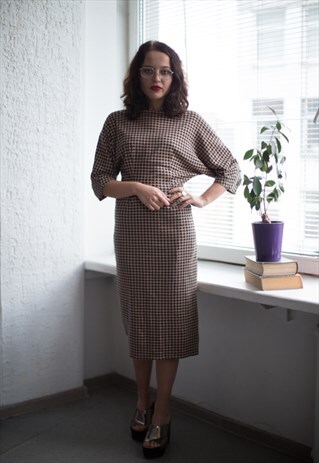 VINTAGE 80'S LIGHT BROWN/BLACK MIDI TIGHT DRESS