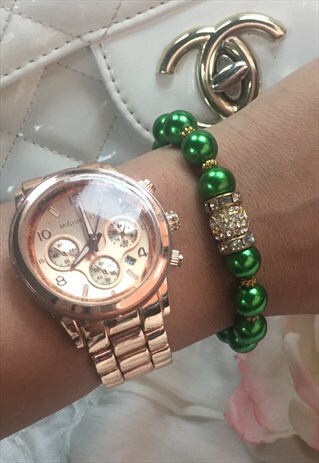 GREEN AND GOLD SWAROVSKI CRYSTAL AND PEARL BEAD BRACELET