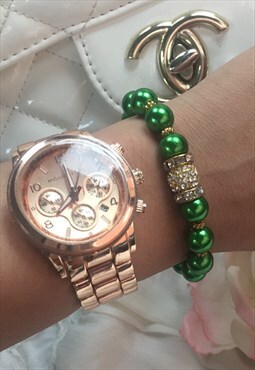 Green and Gold Swarovski Crystal and Pearl Bead Bracelet 