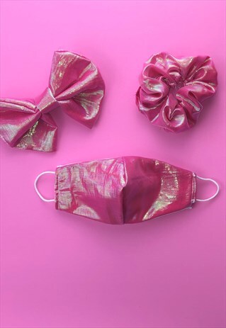 HOT PINK IRIDESCENT FACE COVERING & SCRUNCHIE OR HAIR BOW