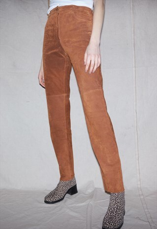 90S SUPER SLIM BROWN SUEDE HIGH WAISTED TROUSERS MADE IN USA