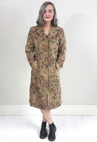 VINTAGE 90'S OFF CREAM FLORAL TAPESTRY MIDI LENGTH COAT