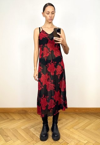 Vintage Black Floral Sleeveless Sheer Midi Dress