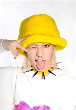 Festival faux fur bucket hat fluffy neon hat rave cap yellow