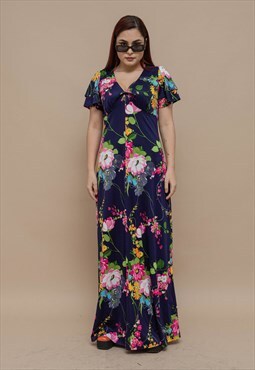 Vintage 70s Boho Floral Short Sleeve V-Neck Maxi Dress M