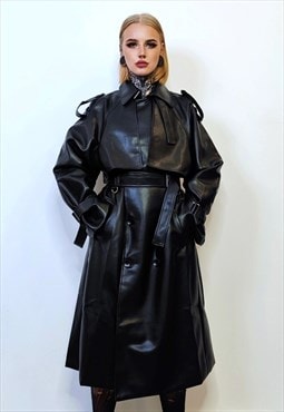 Faux leather trench coat double breasted dominatrix jacket