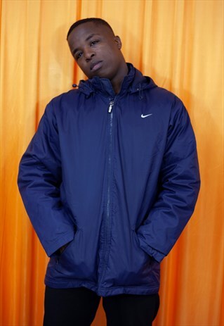 VINTAGE 90S COAT NAVY BLUE NIKE PADDED ZIP UP HOODED