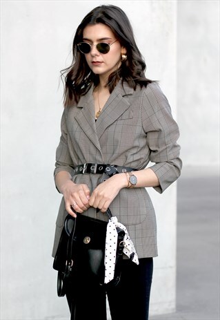 BELTED PLAID BLAZER JACKET