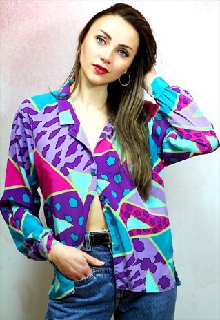 1980S VINTAGE PURPLE CRAZY PATTERNED SILKY BLOUSE