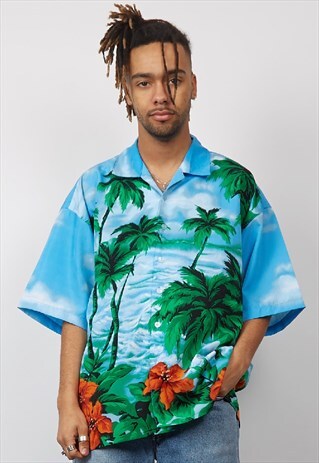VINTAGE 80'S BLUE PALM TREE PRINT HAWAIIAN SHIRT