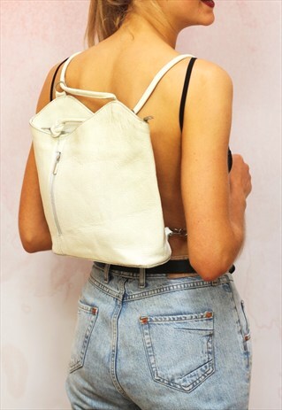 1990S VINTAGE WHITE REAL LEATHER BACKPACK