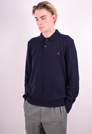 POLO RALPH LAUREN MENS VINTAGE JUMPER SWEATER LARGE BLUE 90S
