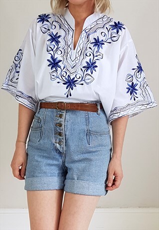 VINTAGE 90'S WHITE AND BLUE KAFTAN STYLE TOP