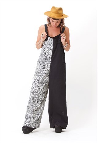 WIDE LEGGED DUNGAREES IN HALF BLACK & HALF PRINT