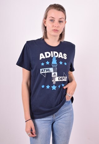 ADIDAS WOMENS VINTAGE T-SHIRT TOP LARGE NAVY BLUE 90'S
