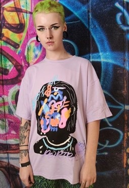 Abstract print t-shirt thin graffiti tee in purple