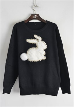 Long Sleeve Jumper with Faux Fur and Sequin Rabbit Design 