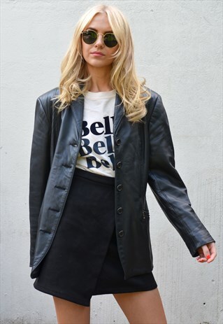 VINTAGE 90S NICOLE FARHI BLACK LEATHER NARROW JACKET