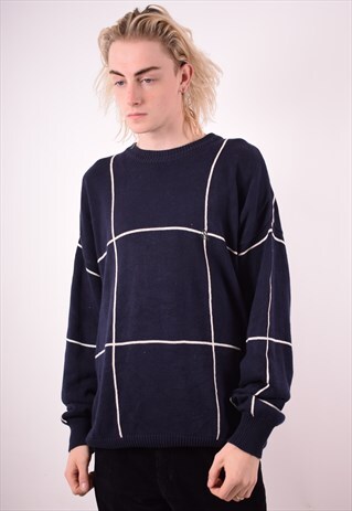 NAUTICA MENS VINTAGE JUMPER SWEATER XL NAVY BLUE CHECK 90S