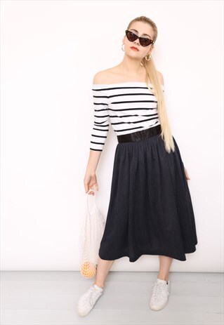 VINTAGE 80S BLACK HIGH WAIST MIDI SKIRT
