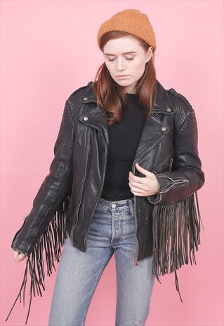 VINTAGE GRUNGE TASSEL BIKER LEATHER JACKET /R9022