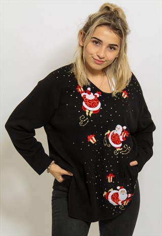 VINTAGE SANTA CHRISTMAS JUMPER IN BLACK LARGE