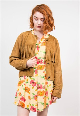 VINTAGE TAN SUEDE TASSEL FESTIVAL CROPPED JACKET