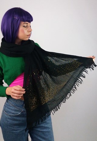 VINTAGE 90'S SOFT SHAWL SCARF GOLD SKULL EMBELLISHMENT