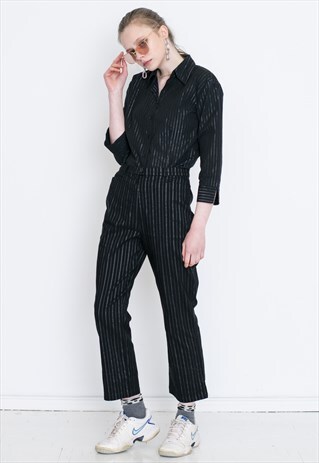 VINTAGE BLACK HIGH WAIST WIDE LEG STRIPED RETRO TROUSERS