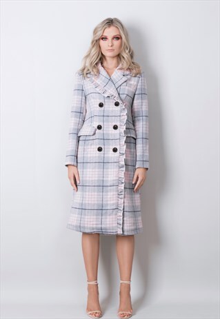 PINK TARTAN COAT WITH RUFFLED TRIM.