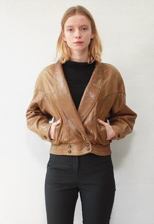 VINTAGE 80' AMAZING CLASSIC BROWN SHORT LEATHER JACKET