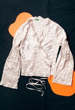 Vintage Satin Shirt Y2K Fairycore Wrap Blouse in Beige